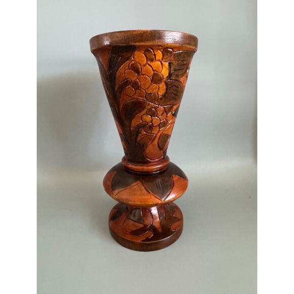 Vintage Hand Carved Solid Wooden Flower Bali Style Tropical Floral Vase Art Boho - Picture 1 of 9